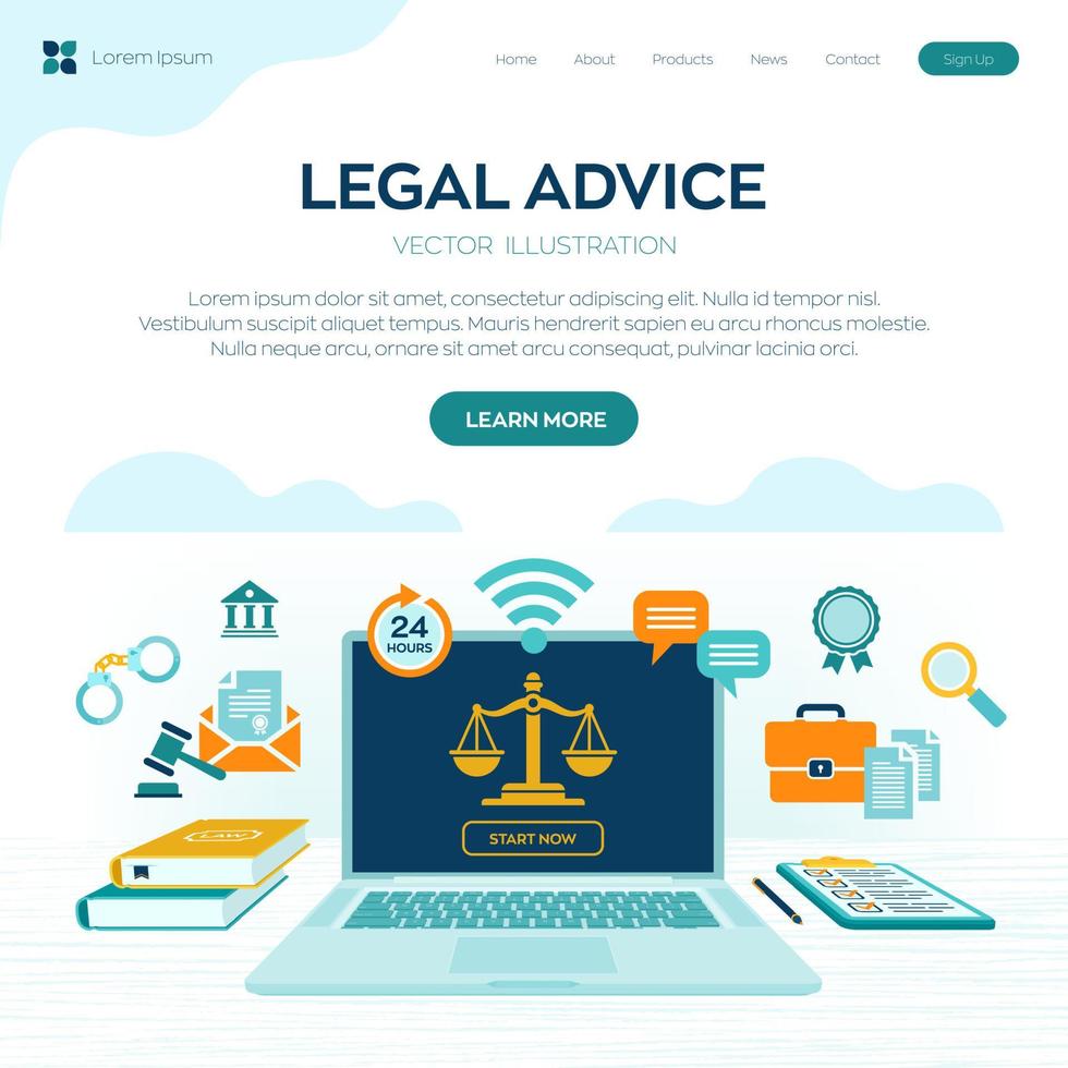 concept de conseil juridique en ligne. droit du travail, avocat, avocat. site Web d'avocat sur écran d'ordinateur portable. consultation d'avocats en droit professionnel en ligne, assistance juridique en entreprise. illustration vectorielle. vecteur