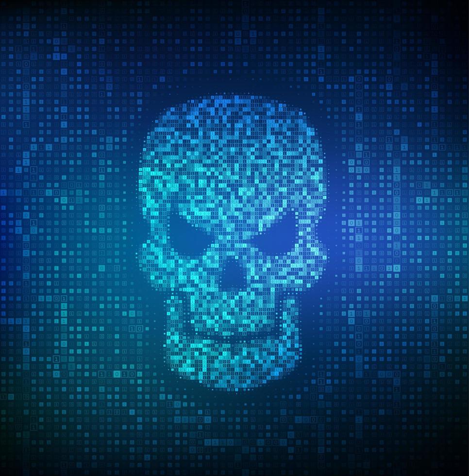 piraté. forme de crâne faite avec un code binaire. code numérique sur un écran avec un crâne représentant un virus informatique ou une attaque de malware. concept de cybercriminalité, de piratage sur Internet et de piratage. vecteur. eps10. vecteur