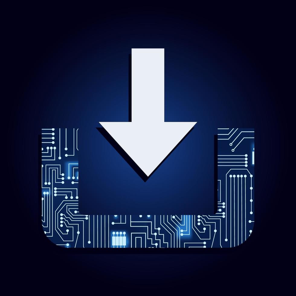 icône de téléchargement avec circuit électronique. fond bleu et dégradé. flèche pointant vers le bas représentant le téléchargement des données. vecteur