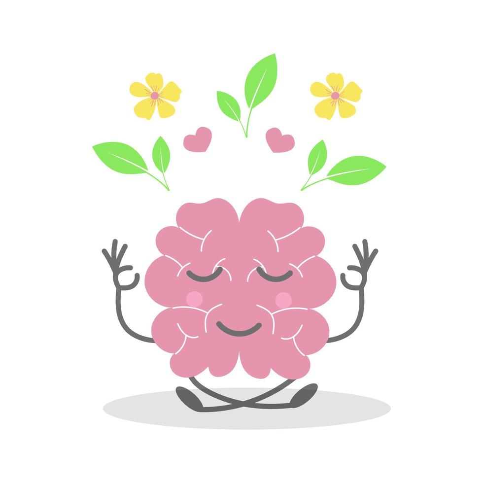 cerveau humain mignon dans des feuilles de pose de yoga, coeur et fleurs, personnage amusant. concept de santé mentale, caractère joyeux. illustration vectorielle plane isolée sur fond blanc. vecteur