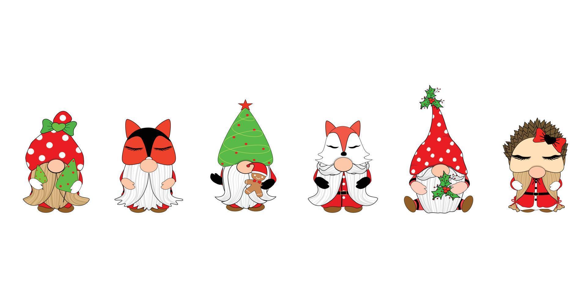 image vectorielle - gnome mignon avec différents arbres à chapeaux, renard, hérisson et lettrage joyeux noël. clipart. peut être utilisé pour décorer n'importe quelle carte, bannière, web, impression, autocollant. salutation de saison. vacance. vecteur