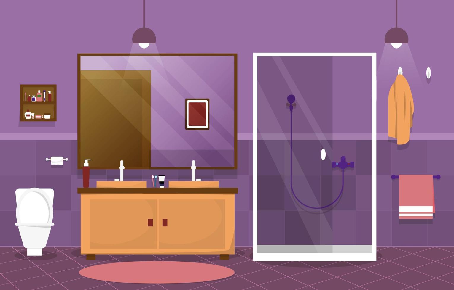 salle de bain propre design d'intérieur miroir douche meubles illustration plate vecteur