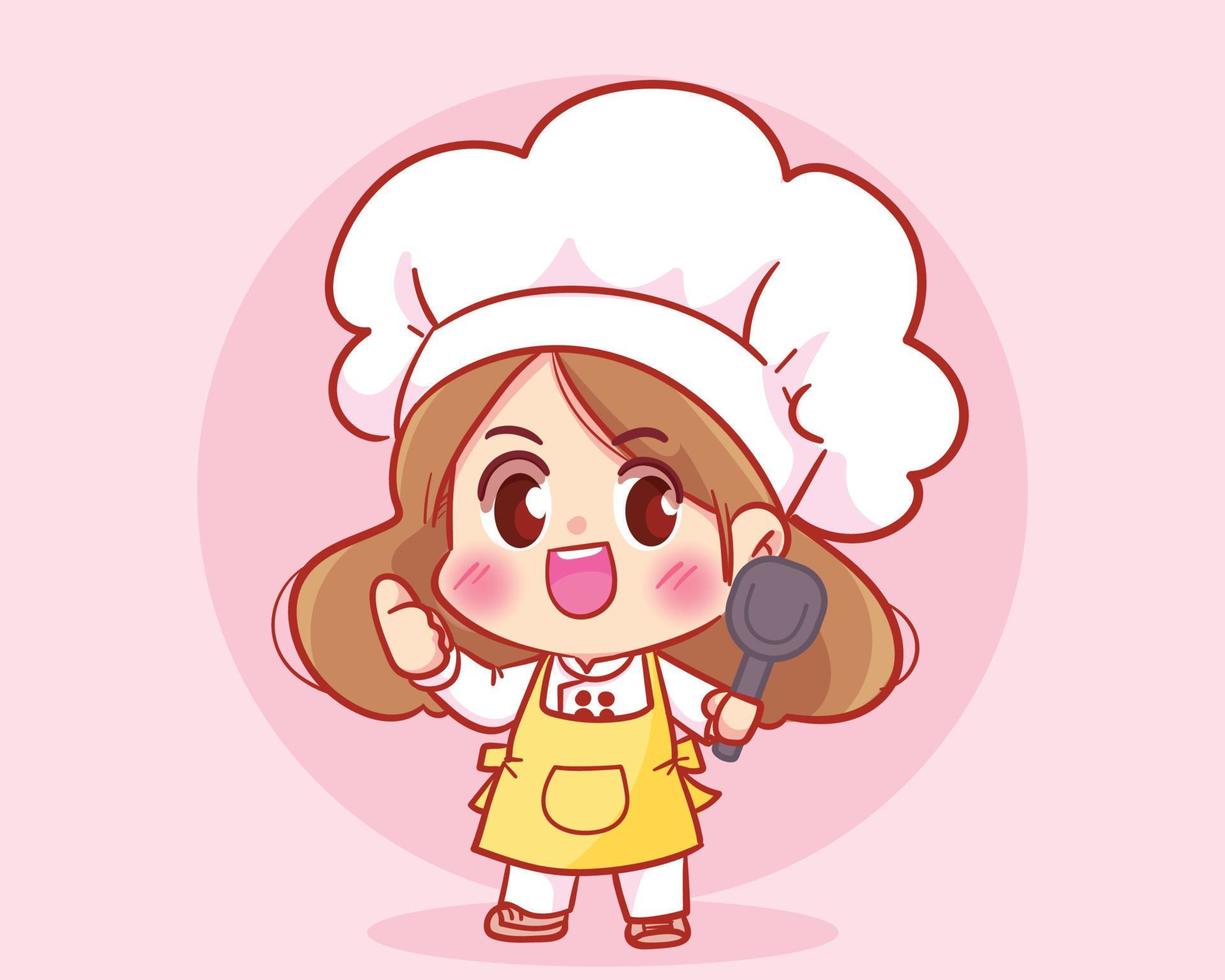 chef mignon tenant une spatule de cuisson logo dessin animé illustration d'art de dessin animé dessinés à la main vecteur