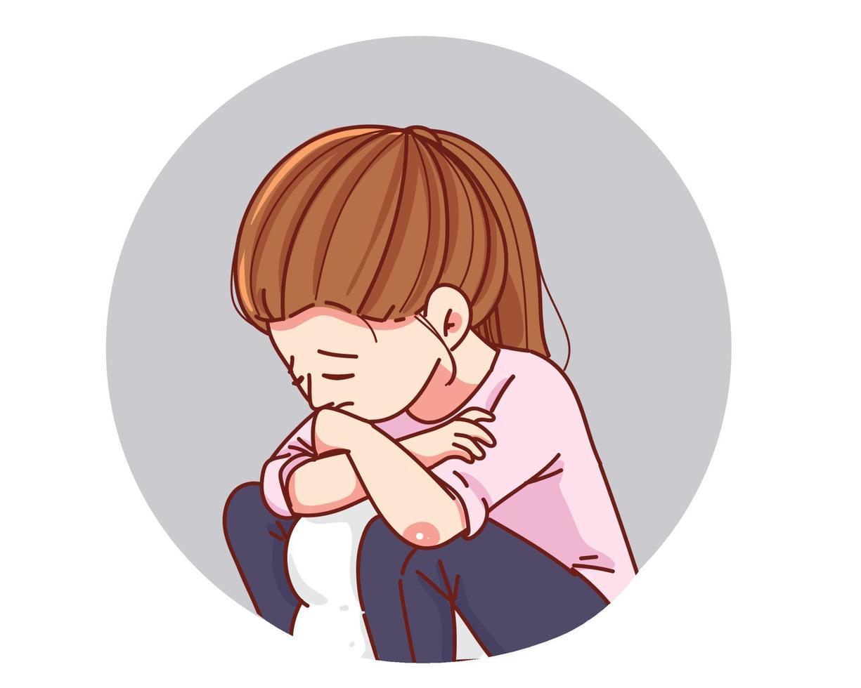 jeune femme assise se sentant triste fatiguée et inquiète souffrant de dépression dessin animé dessiné à la main illustration d'art de dessin animé vecteur
