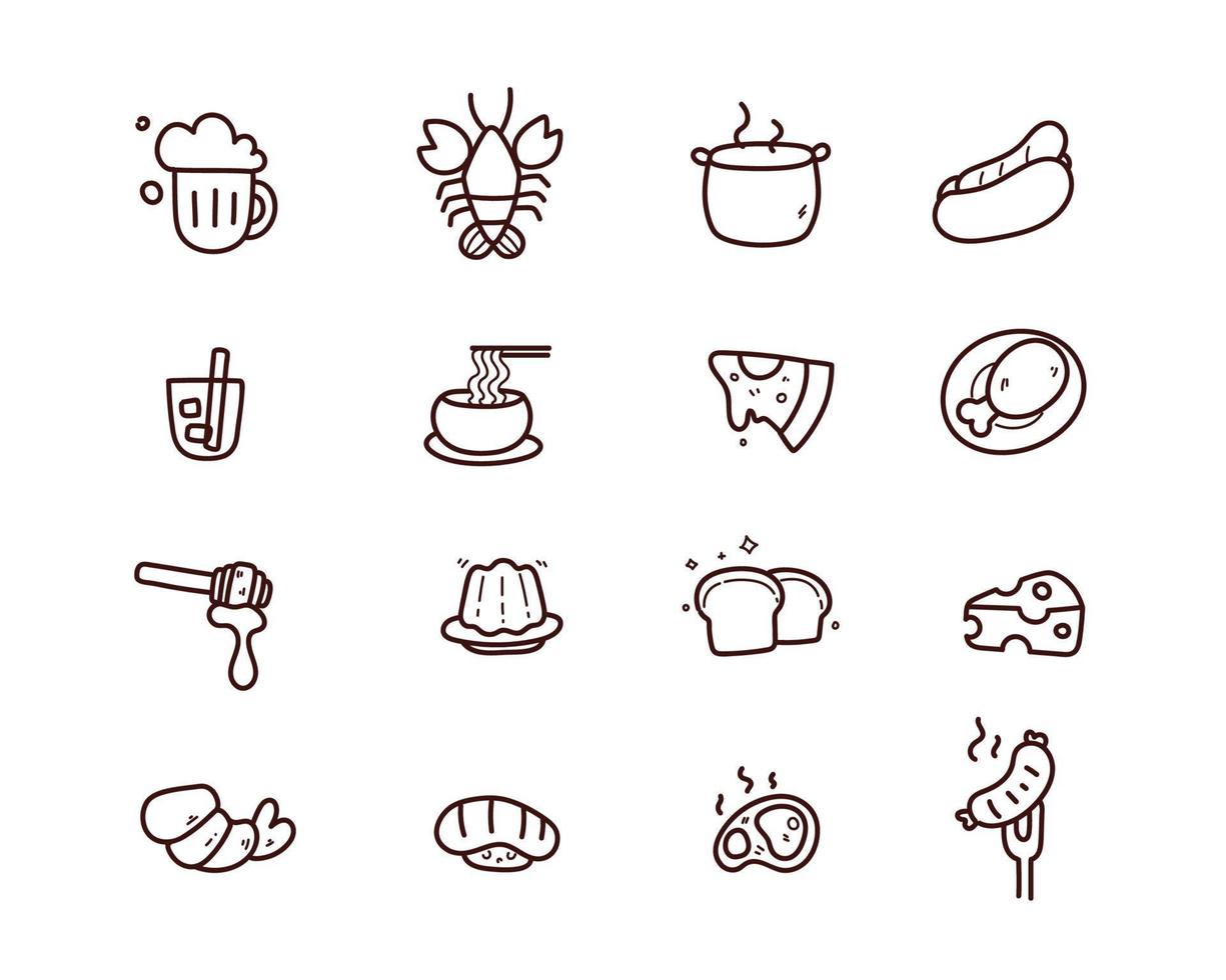 nourriture, icône, ensemble, cuisine, restaurant, menu, symbole, dessiné, main vecteur