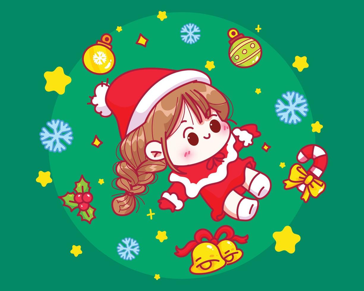 jolie fille santa et collection d'éléments de noël illustration d'art de dessin animé dessiné à la main vecteur