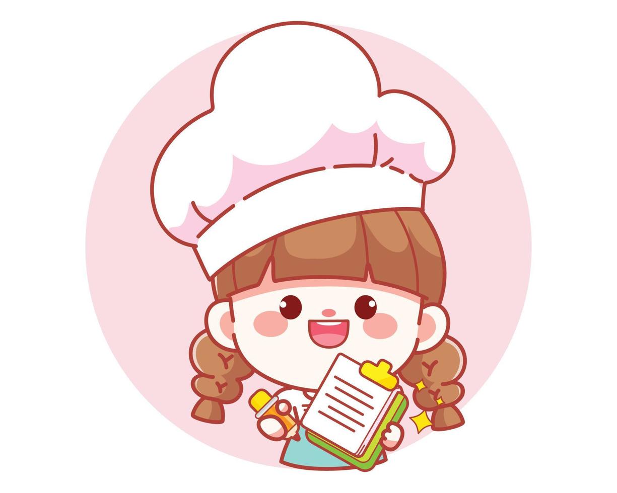 jolie fille chef écrivant ordre sur presse-papiers bannière logo dessin animé art illustration vecteur