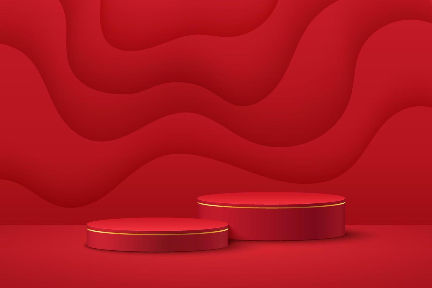 podium de piédestal de cylindre de luxe rouge et or réaliste avec scène ondulée en couches dans un style découpé en papier. salle de studio abstraite de vecteur avec plate-forme 3d géométrique. scène minimale pour l'affichage de la promotion.