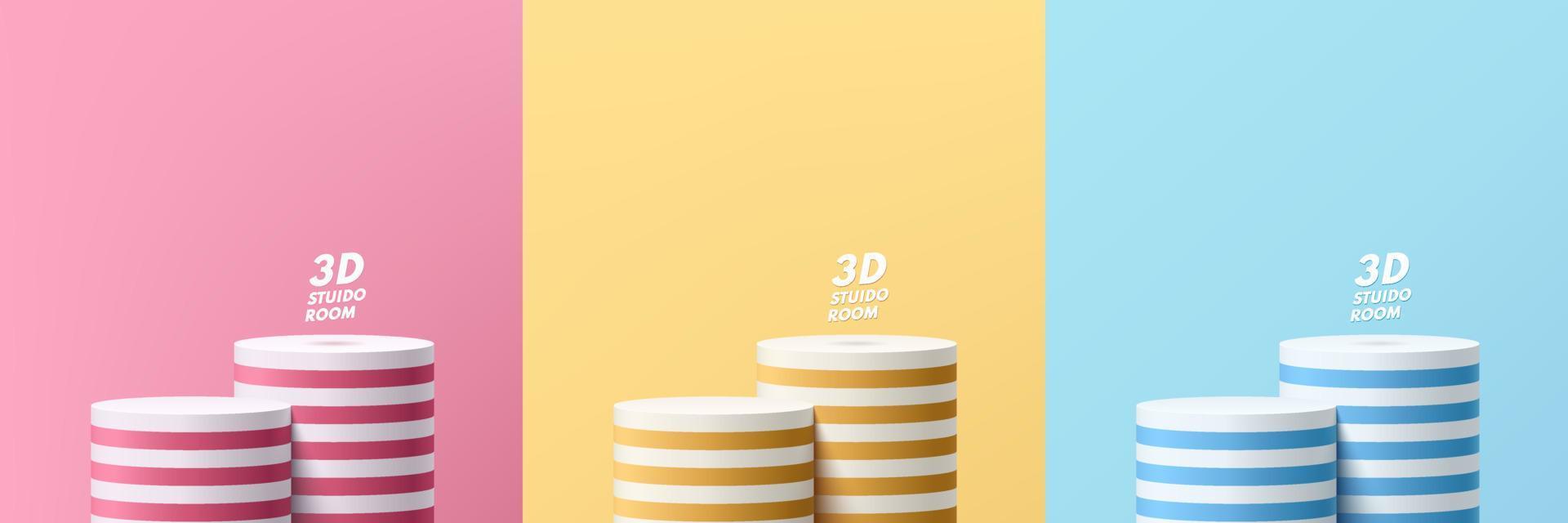 ensemble de podium de support de cylindre bleu, jaune, rose et blanc dans un style multicolore. salle de studio abstraite de vecteur avec conception de plate-forme géométrique 3d. scène minimale pour vitrine de produits, affichage de promotion.