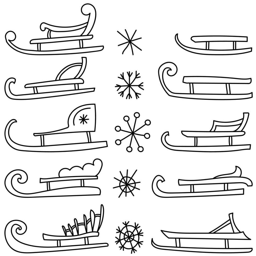 ensemble de 10 traîneaux de contour avec différentes formes de coureurs et de dos, 5 flocons de neige ornés, page de coloriage doodle vecteur