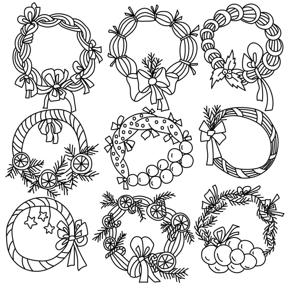 définir une couronne de noël festive à partir d'une variété d'éléments décoratifs sous forme de boules de noël, de rubans, d'agrumes, d'arcs, de coloriage vecteur