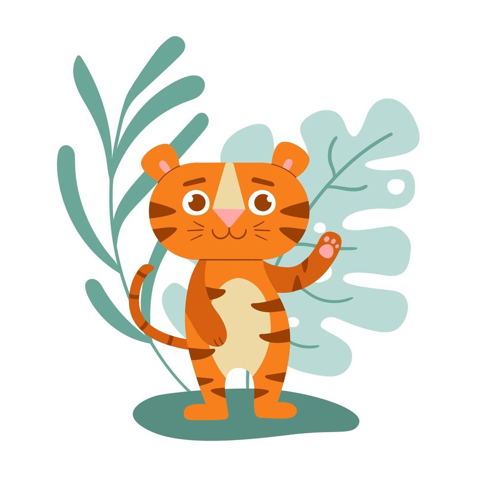 tigre mignon avec des feuilles tropicales. illustration des enfants du nouvel an simbol 2022, tigre vecteur