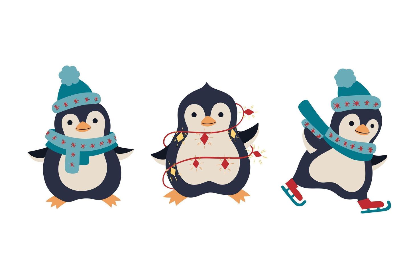 pingouins mignons dans des vêtements chauds. vecteur, main, dessiné, pingouins, caractères, ensemble, de, noël, illustrations vecteur