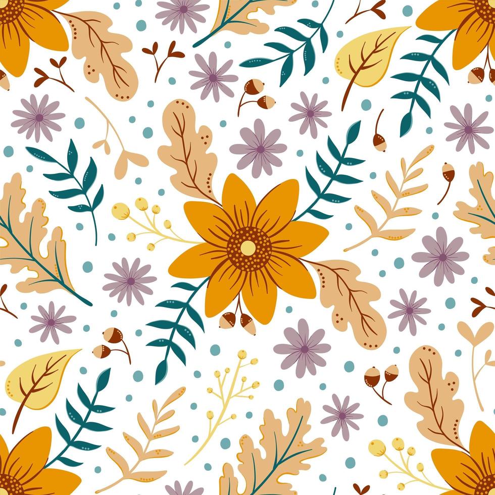 modèle sans couture d'automne de tournesol sur blanc. motif floral avec des feuilles d'automne et des fleurs colorées. conception de fond d'action de grâce vecteur