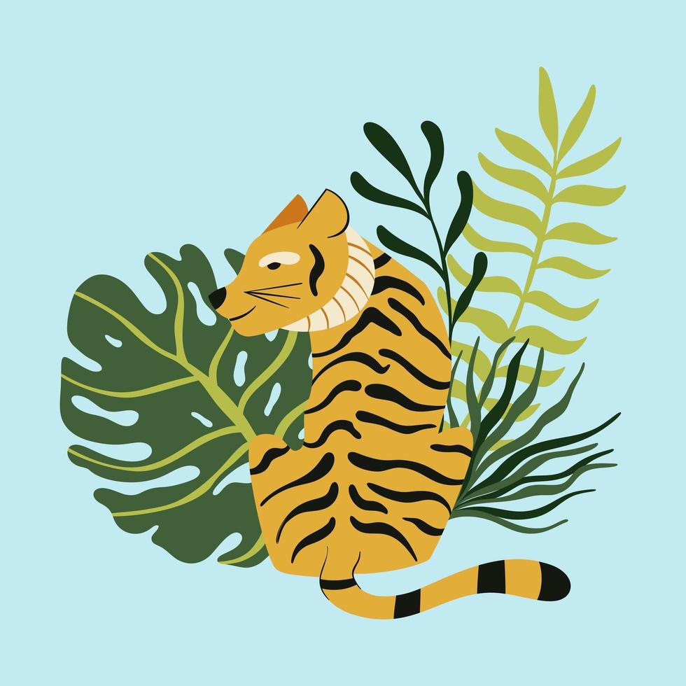 vecteur mignon tigre asiatique avec des feuilles tropicales sur la conception de carte de fond bleu. belle impression d'animaux de la jungle pour t-shirt ou affiche