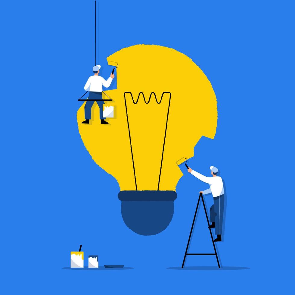 concept d'idée dans un design plat employés peignant une grosse ampoule sur un mur vecteur
