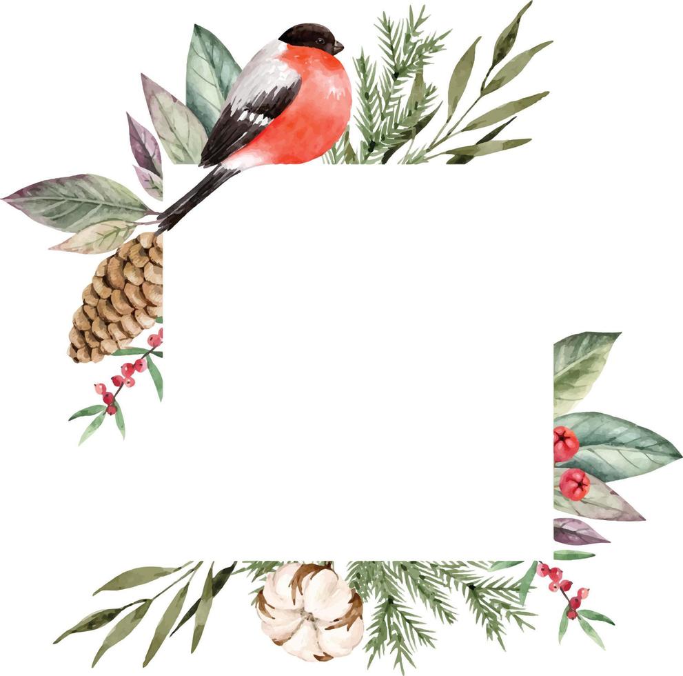 cadre avec des branches de sapin plantes et oiseau décor de noël peint à la main vecteur aquarelle