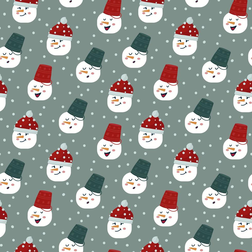 un motif avec des bonhommes de neige dans un chapeau rouge et un seau. bonhommes de neige avec une carotte pour nez. fond textile avec des personnages de neige. Bonne année et joyeux Noël. illustration vectorielle vecteur