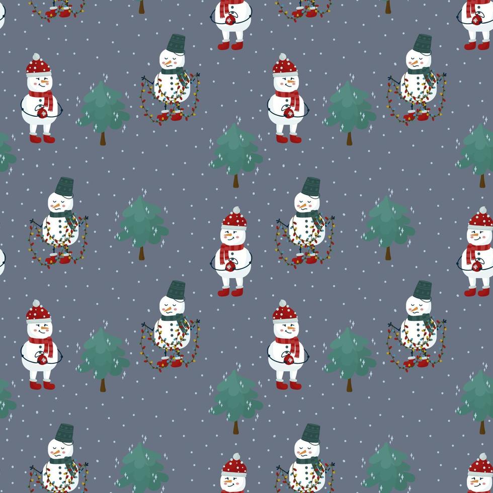 un motif avec des bonhommes de neige autour d'un arbre de noël avec des guirlandes. fond d'hiver pour les textiles avec des personnages de neige. Bonne année et joyeux Noël. illustration vectorielle vecteur