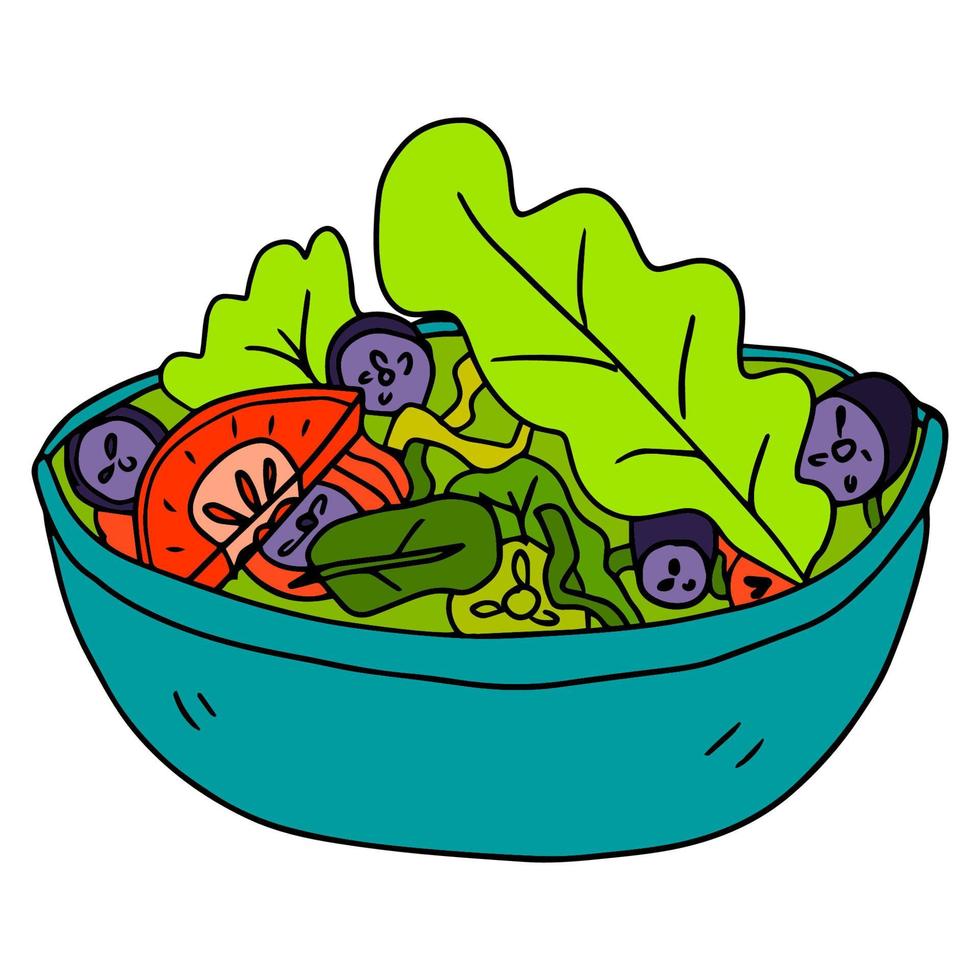 bol de salade doodle dessinés à la main de dessin animé. vecteur