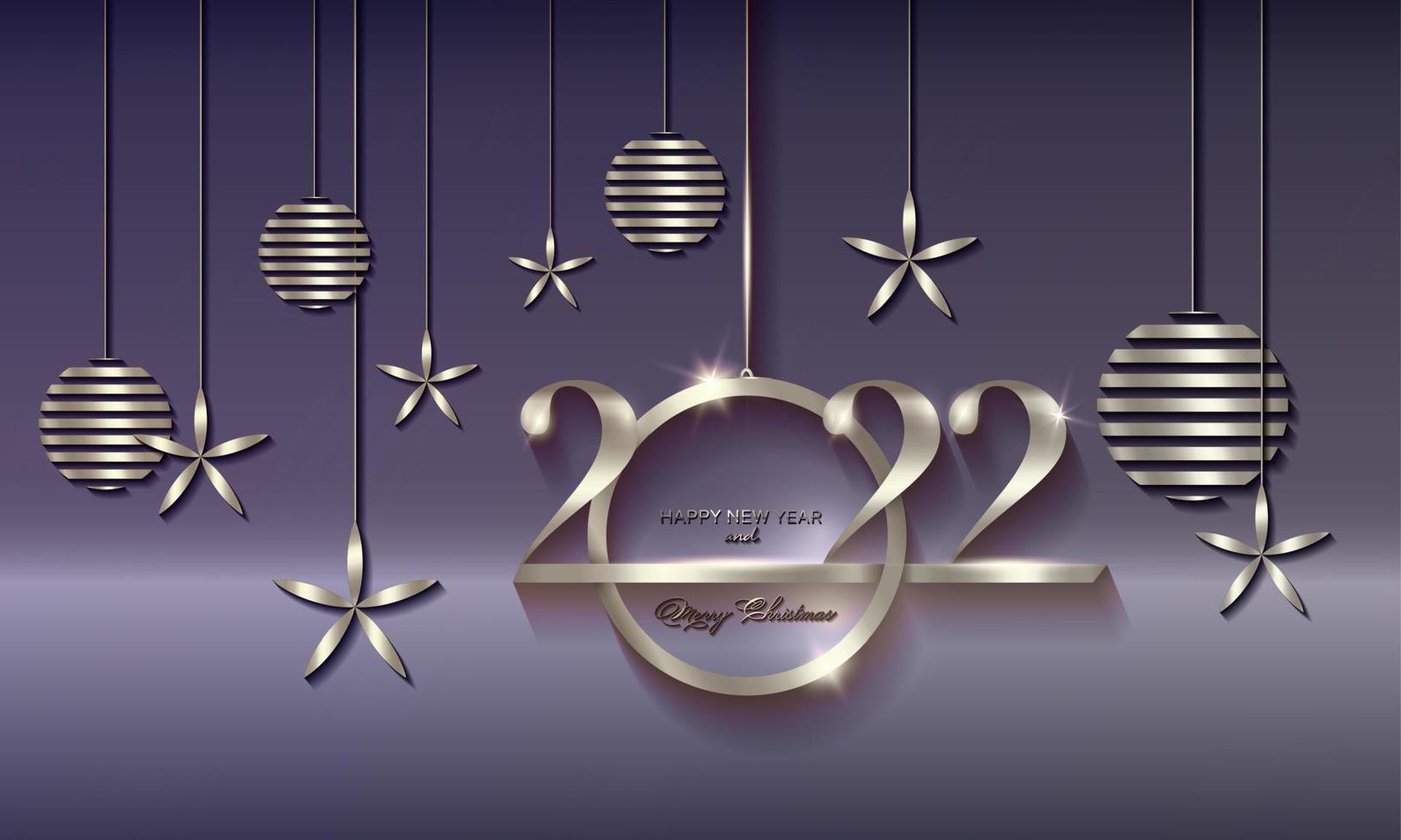 Bannière de vacances de luxe de Noël 2022 avec joyeux Noël manuscrit en argent et bonne année, boules de Noël couleur platine. illustration vectorielle isolée sur fond violet doux vecteur