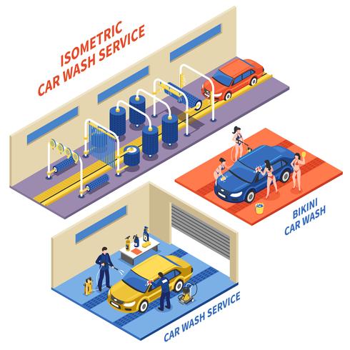 Compositions isométriques du service de lavage de voiture vecteur