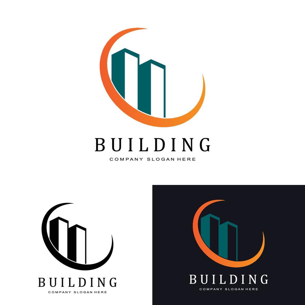 symbole d'icône de logo de construction de bâtiments urbains, maison, appartement, vue sur la ville vecteur