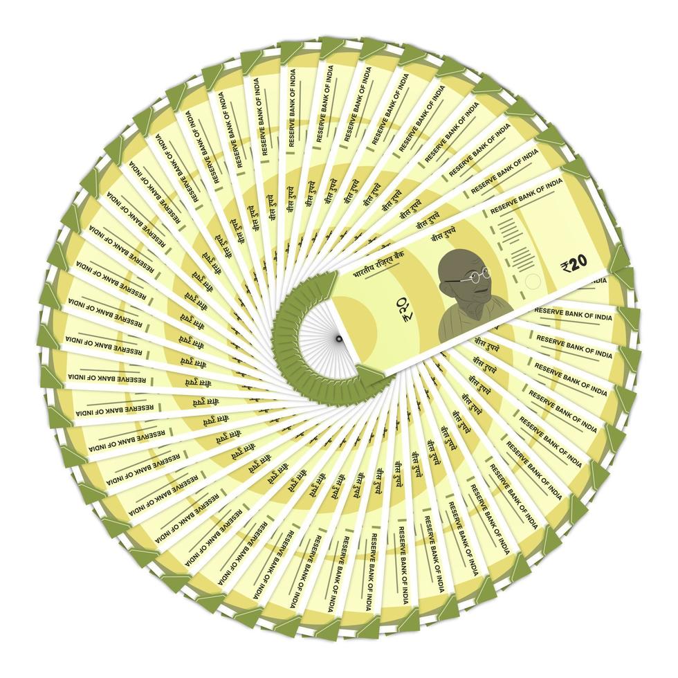 Inde nouveaux billets de 20 roupies sur fond blanc en vue de dessus en forme de cercle vecteur