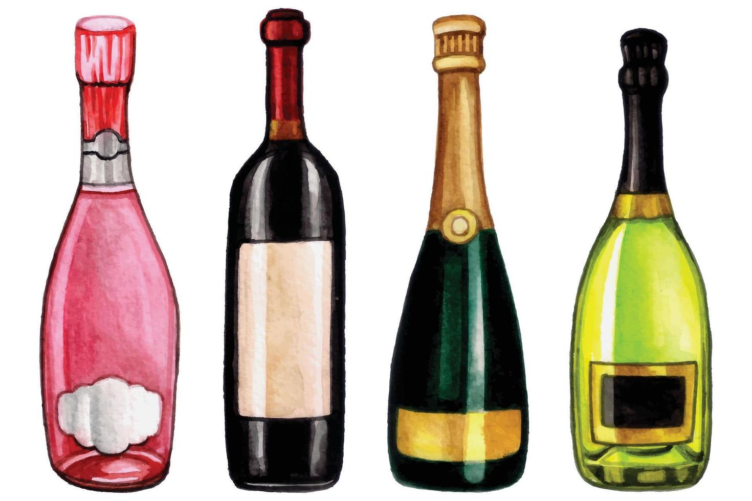 bouteilles de vin dessinées à la main à l'aquarelle avec étiquette vierge vecteur