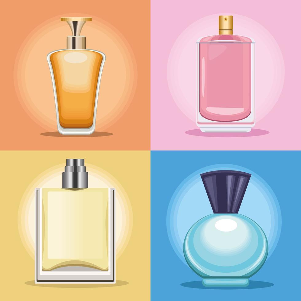quatre icônes de bouteilles de parfums vecteur