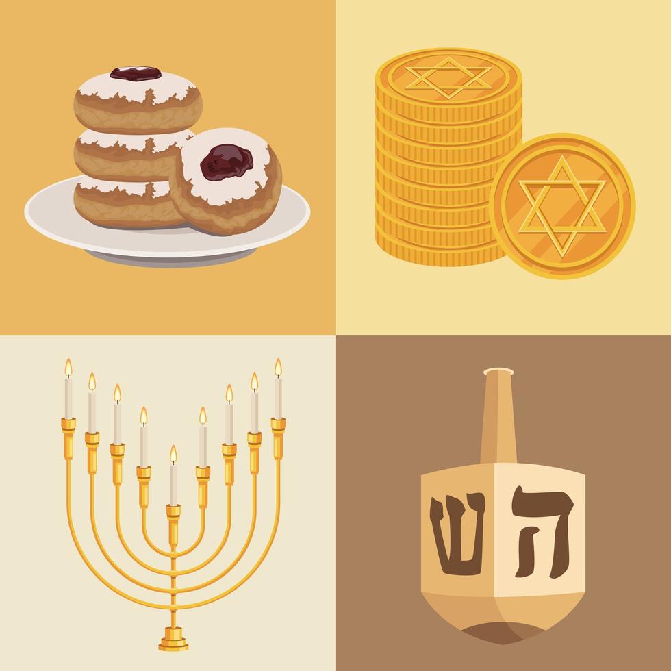 quatre icônes heureuses de hanukkah vecteur