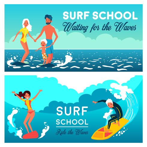 Bannières horizontales de l&#39;école de surf vecteur