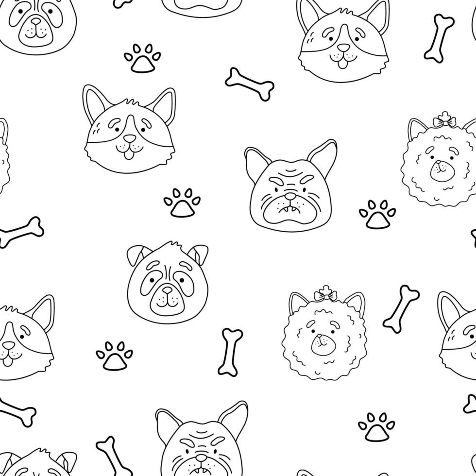 Les petits chiens pelucheux et hirsutes reproduisent le pomeranian, le carlin, le bouledogue, le modèle sans couture de corgi. texture de chiot animal de dessin animé. fond vectoriel pour cahier de coloriage, impression de t-shirt, jeu, textile, emballage.