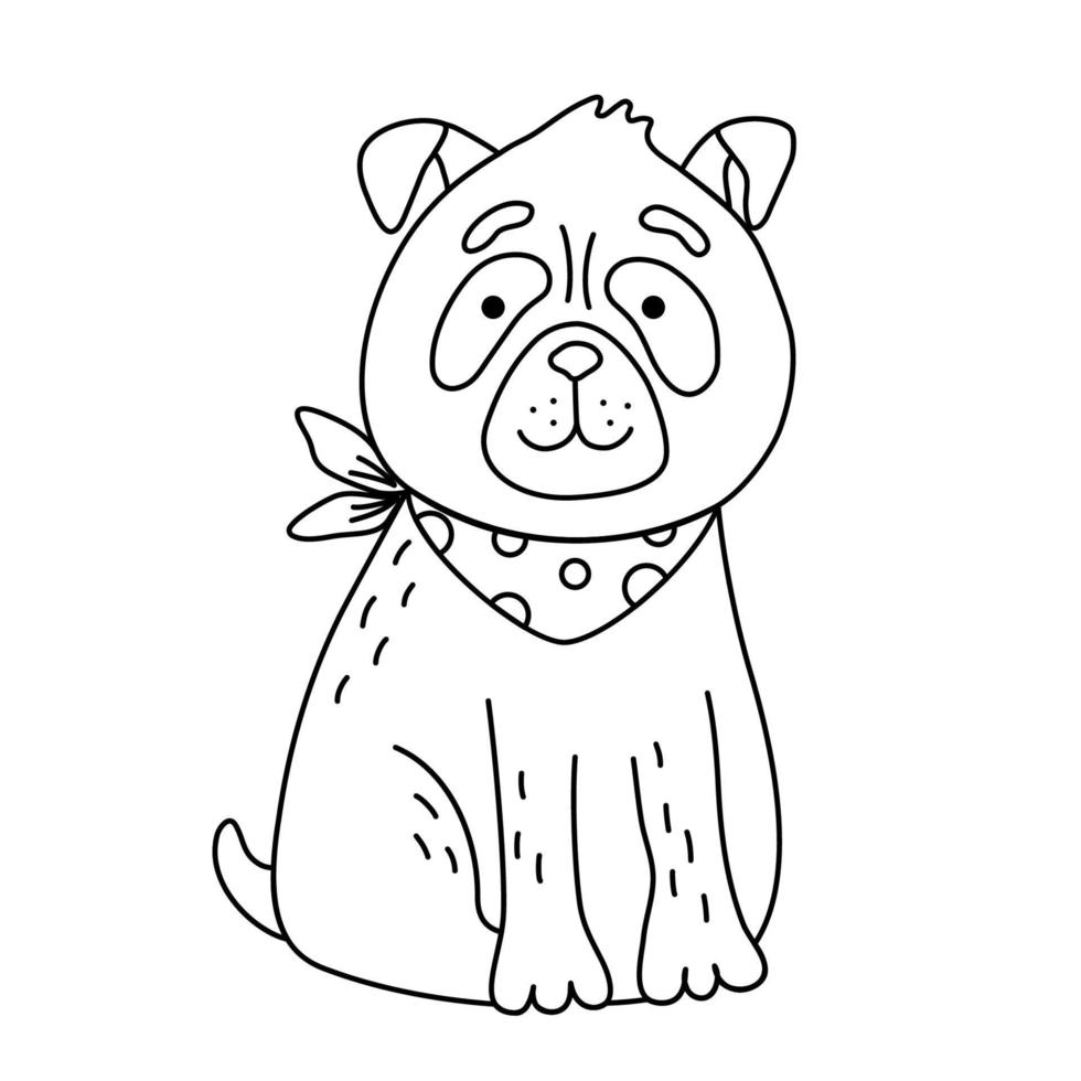 Coloriage mignon petit chien carlin assis et souriant. illustration vectorielle isolée pour livre de coloriage, impression, jeu, fête, conception d'enfants. vecteur