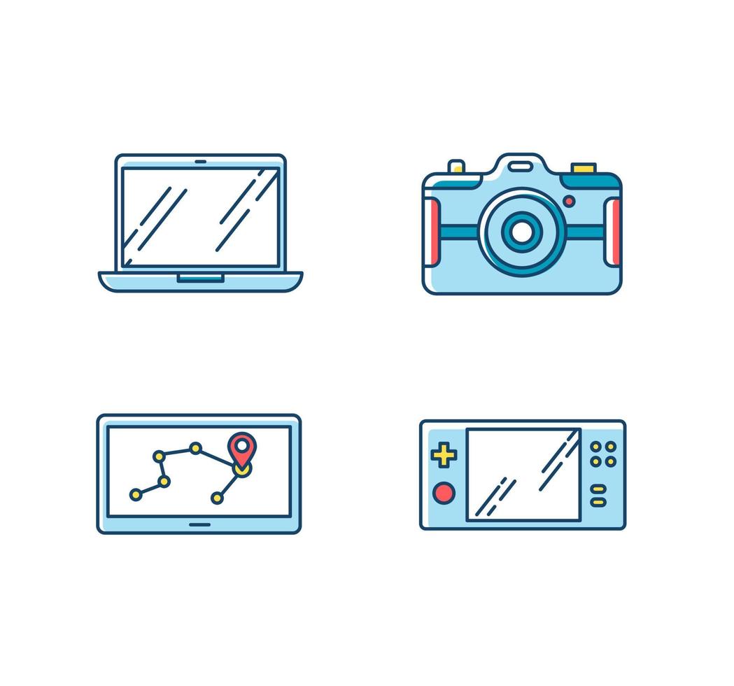 Ensemble d'icônes de couleur rvb pour appareils mobiles. gadgets électroniques de poche. technologie intelligente. assistant de navigation, console de jeux. ordinateur portable, appareil photo. outils numériques compacts. illustrations vectorielles isolées vecteur