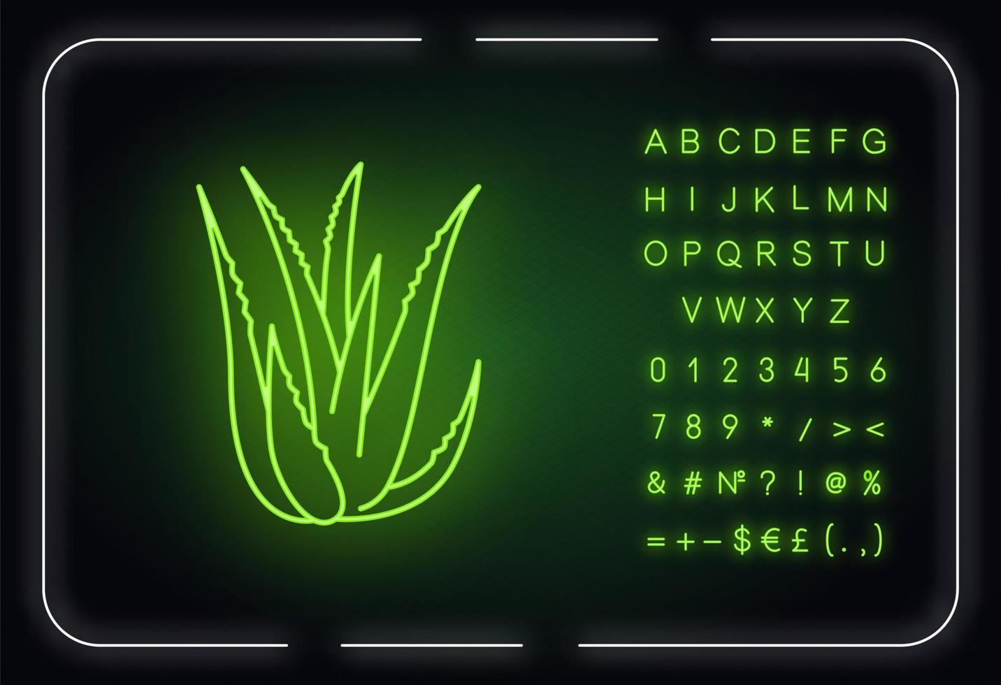 icône de néon d'aloe vera. pousses succulentes. herbe médicinale pour les soins de la peau. plante décorative. effet brillant extérieur. signe avec l'alphabet, les chiffres et les symboles. illustration de couleur rvb isolée de vecteur