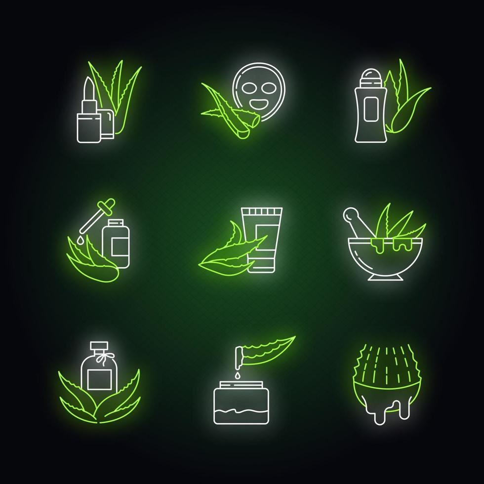 Ensemble d'icônes de néon à l'aloe vera. anti-transpirant aux herbes médicinales. produits cosmétiques pour les soins de la peau. jus de cactus. signes avec effet lumineux extérieur. illustrations de couleur rvb isolées vectorielles vecteur