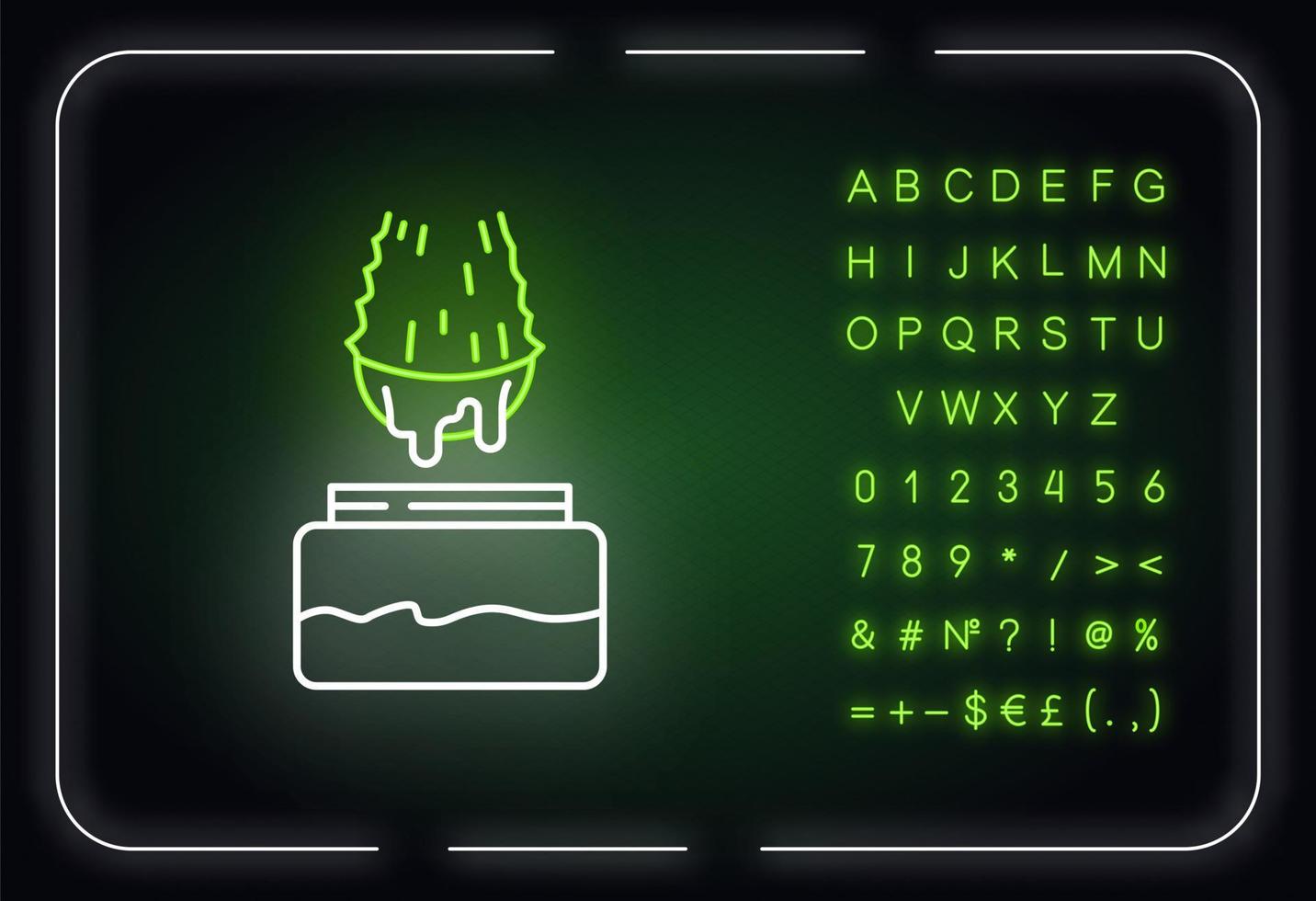 icône de néon d'extrait d'aloe vera. jus d'herbes médicinales en pot. cosmétique bio. produit végétalien. effet brillant extérieur. signe avec l'alphabet, les chiffres et les symboles. illustration de couleur rvb isolée de vecteur