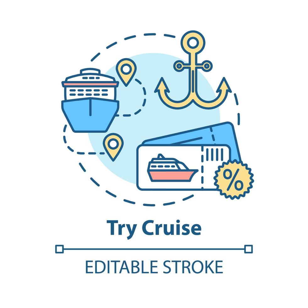 essayez l'icône de concept de croisière. tourisme de luxe, illustration de fine ligne d'idée de vacances de vacances chères. voyage maritime sur paquebot. dessin de couleur rvb contour isolé vectoriel. trait modifiable vecteur