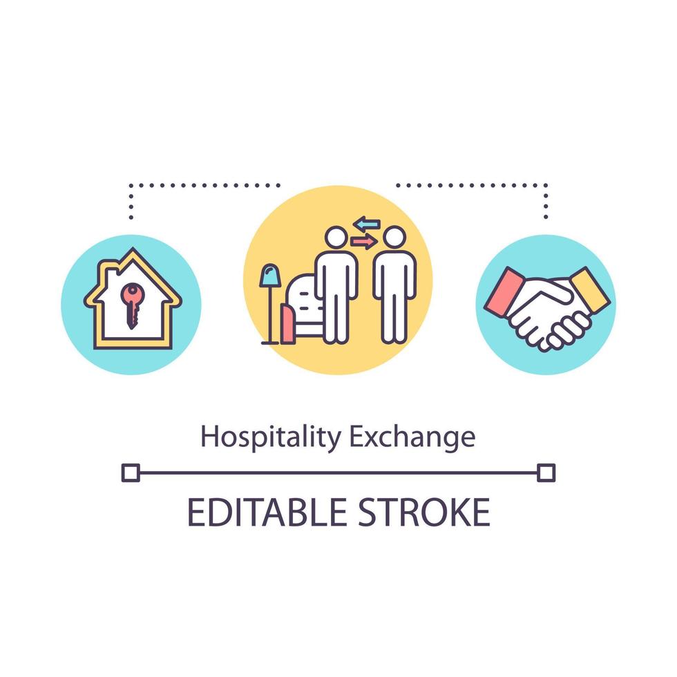 icône de concept d'échange d'hospitalité. voyage à petit budget, illustration de fine ligne d'idée d'hébergement gratuit. tourisme low cost, bénéfice mutuel. dessin de couleur rvb contour isolé vectoriel. trait modifiable vecteur