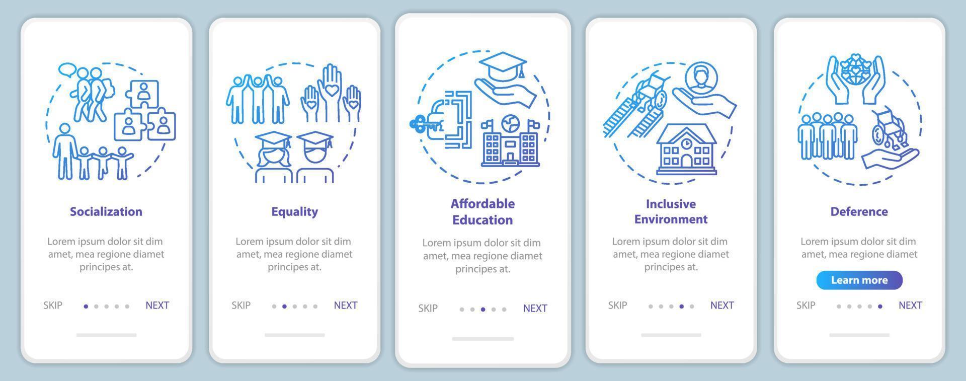 écran de page d'application mobile d'intégration d'éducation inclusive avec des concepts. conditions spéciales pour les personnes handicapées instructions graphiques pas à pas en cinq étapes. modèle vectoriel d'interface utilisateur avec des illustrations en couleur rvb