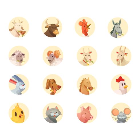 Collection d&#39;icônes de têtes d&#39;animaux de ferme vecteur