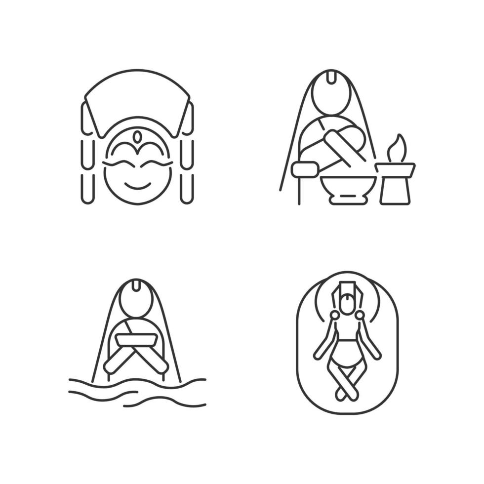 Ensemble d'icônes linéaires du patrimoine spirituel du Népal. déesse vivante kumari. la tradition des noms de bébé. sanctuaire de Vishnu. symboles de contour de ligne mince personnalisables. illustrations de contour de vecteur isolé. trait modifiable