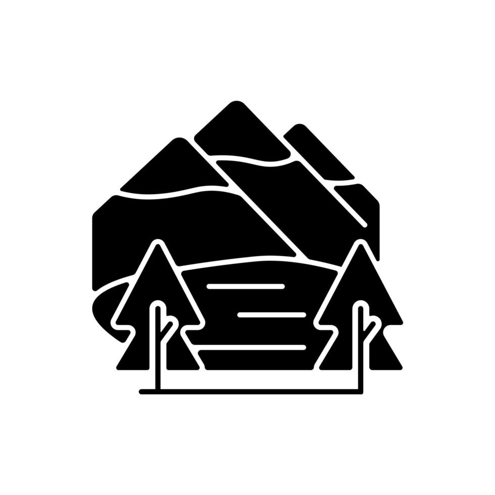 icône de glyphe noir du parc national de shey-phoksundo. lac le plus profond du Népal. région transhimalayenne. diversité de la flore et de la faune. lac alpin. symbole de silhouette sur un espace blanc. illustration vectorielle isolée vecteur