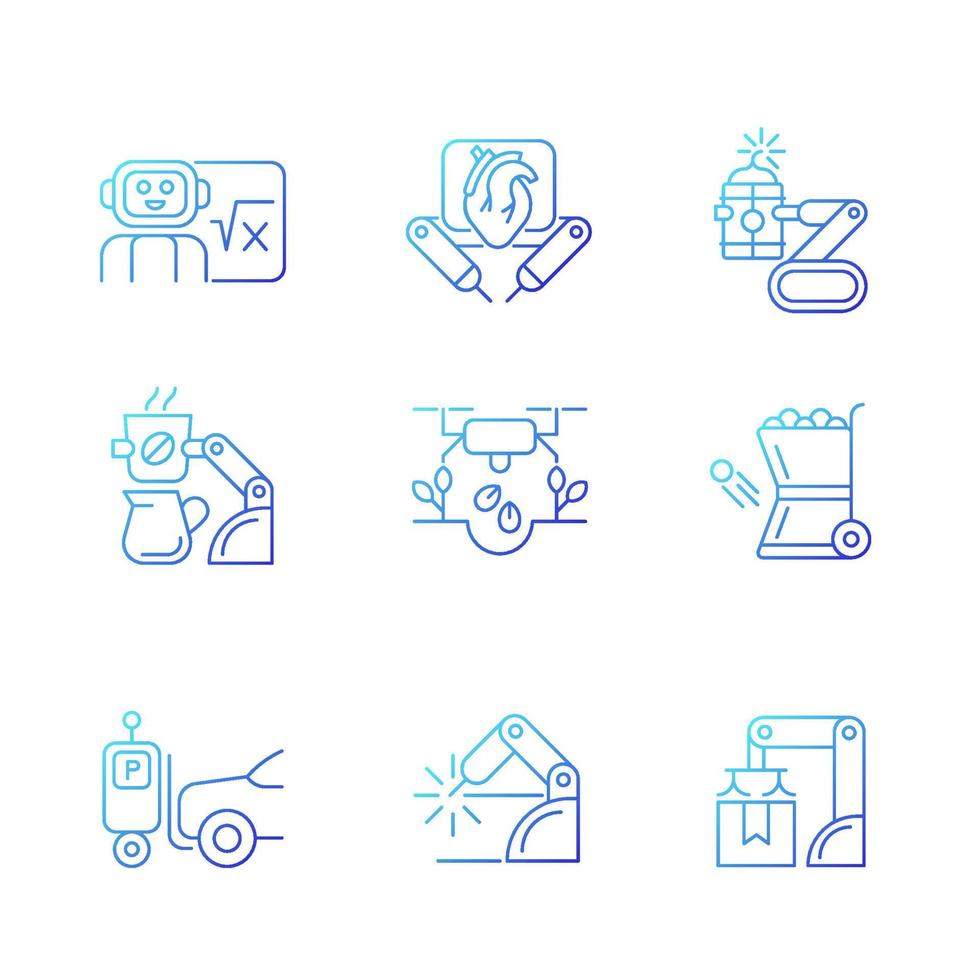 ensemble d'icônes vectorielles linéaires à gradient de technologies de pointe. robots autonomes dans le jardinage et la cuisine. l'automatisation industrielle. paquet de symboles de contour de ligne mince. collection d'illustrations de contour isolé vecteur