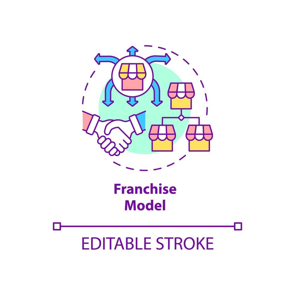 icône de concept de modèle de franchise. entreprise en expansion à l'international. commerce avec partenaire. modèle d'entreprise idée abstraite fine ligne illustration. dessin de couleur de contour isolé de vecteur. trait modifiable vecteur