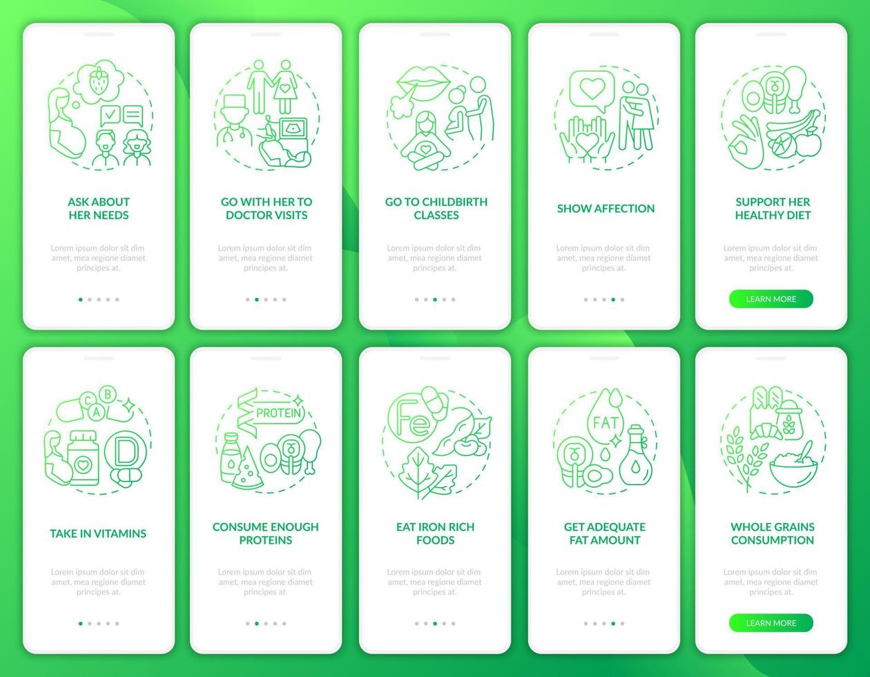 prendre soin de l'ensemble d'écrans de la page de l'application mobile d'intégration d'une femme enceinte. show support walkthrough instructions graphiques en 5 étapes avec des concepts. modèle vectoriel ui, ux, gui avec illustrations linéaires en couleurs