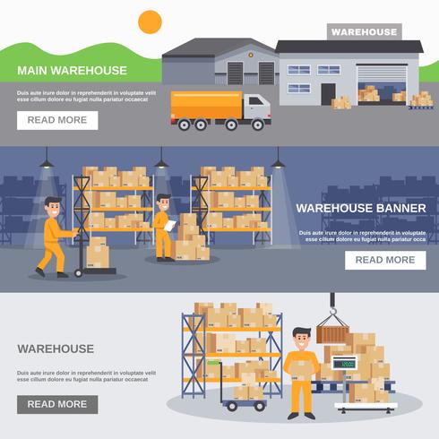 Entrepôt intérieur et extérieur de bannières horizontales vecteur