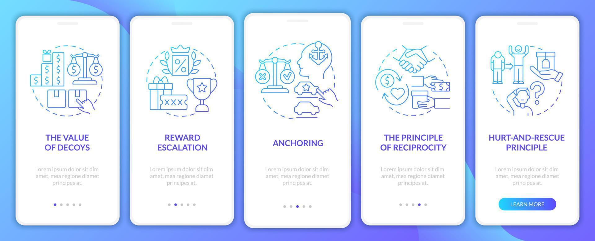 l'écran de la page de l'application mobile des règles de neuroscience du marketing. Procédure pas à pas pour ancrer le biais Instructions graphiques en 5 étapes avec des concepts. modèle vectoriel ui, ux, gui avec illustrations linéaires en couleurs