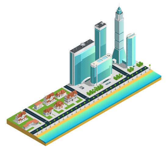 Composition de gratte-ciels isométriques et de maisons de banlieue vecteur